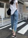 Korean green rolled-up Halon jeans for petite women, spring and autumn thin straight-leg loose nine-inch radish dad pants Specification image